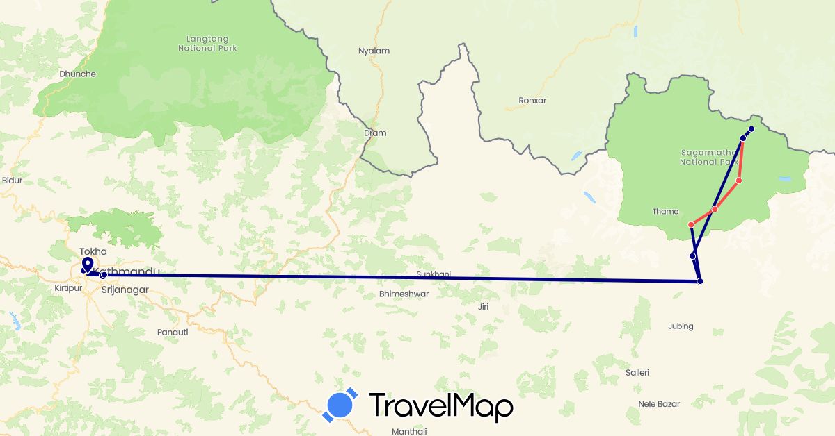 TravelMap itinerary: driving, hiking in Nepal (Asia)